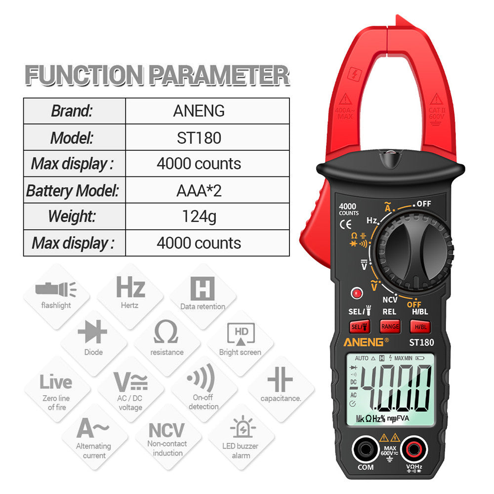 Aneng ST180 4000 Counts Digital Clamp Meter AC Current Multimeter Ammeter Voltage Tester - Red