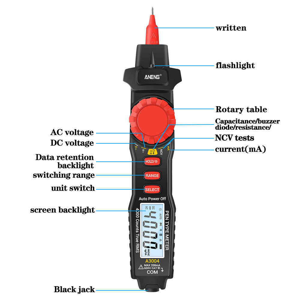 Aneng A3004 Multimeter Pen Meter 4000 Counts Non Contact AC/DC Voltage Resistance Capacitance Diode Continuity Tester