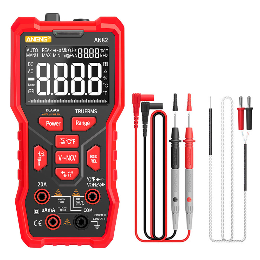 Aneng AN82 9999 Counts Digital Multimeter Auto Ranging Electrical Tester Portable Ture RMS AC/DC Ammeter Voltage Meter (VA Display Screen) - Red