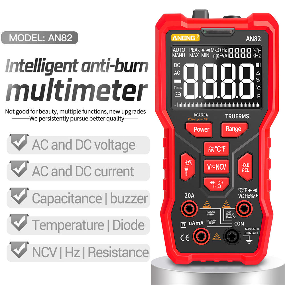 Aneng AN82 9999 Counts Digital Multimeter Auto Ranging Electrical Tester Portable Ture RMS AC/DC Ammeter Voltage Meter (VA Display Screen) - Red