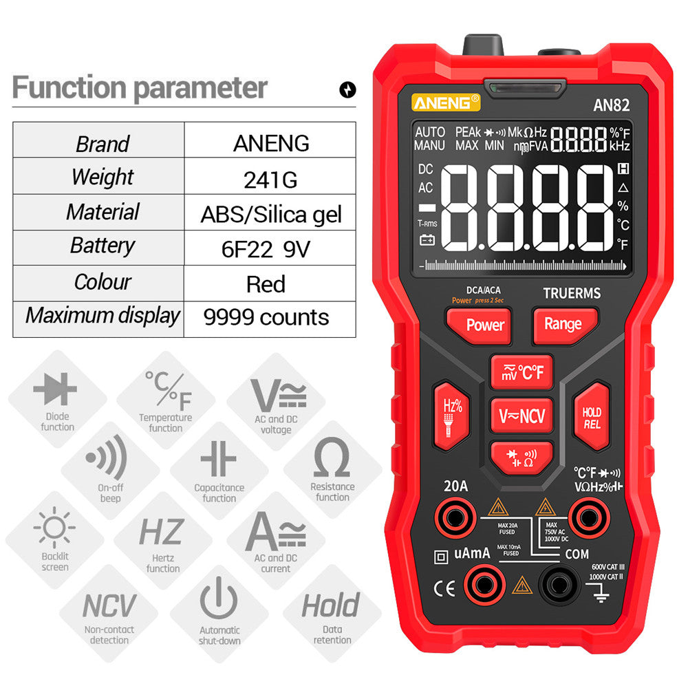 Aneng AN82 9999 Counts Digital Multimeter Auto Ranging Electrical Tester Portable Ture RMS AC/DC Ammeter Voltage Meter (VA Display Screen) - Red