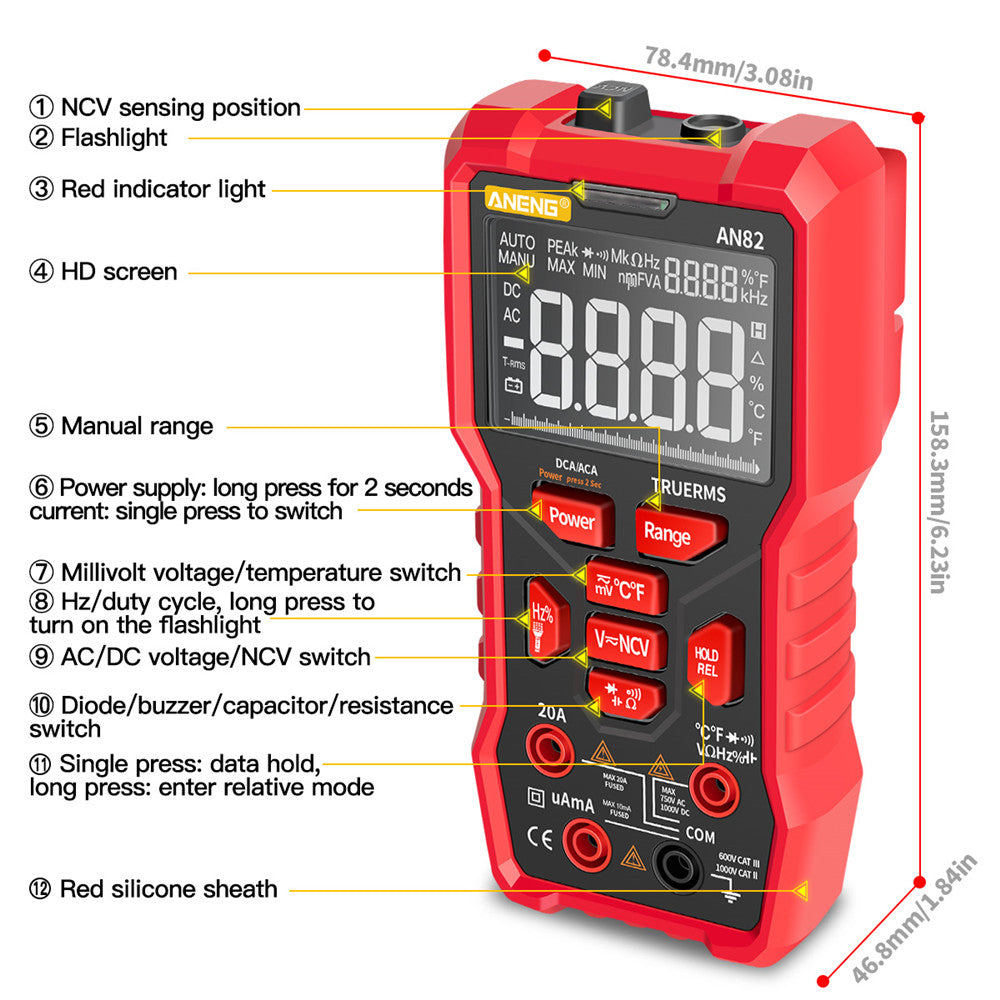 Aneng AN82 9999 Counts Digital Multimeter Auto Ranging Electrical Tester Portable Ture RMS AC/DC Ammeter Voltage Meter (VA Display Screen) - Red