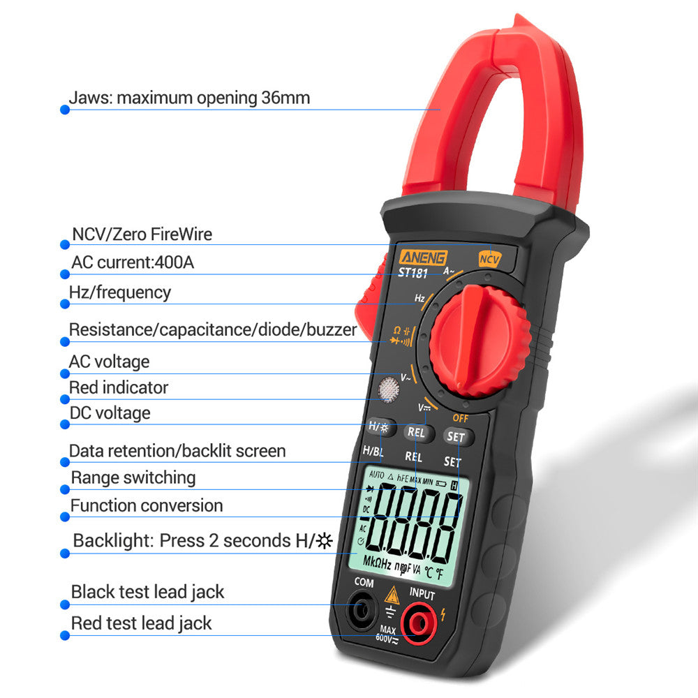 Aneng ST181 Digital Clamp Meter DC/AC Current 4000 Counts Multimeter Ammeter Voltage Capacitance Ohm Tester