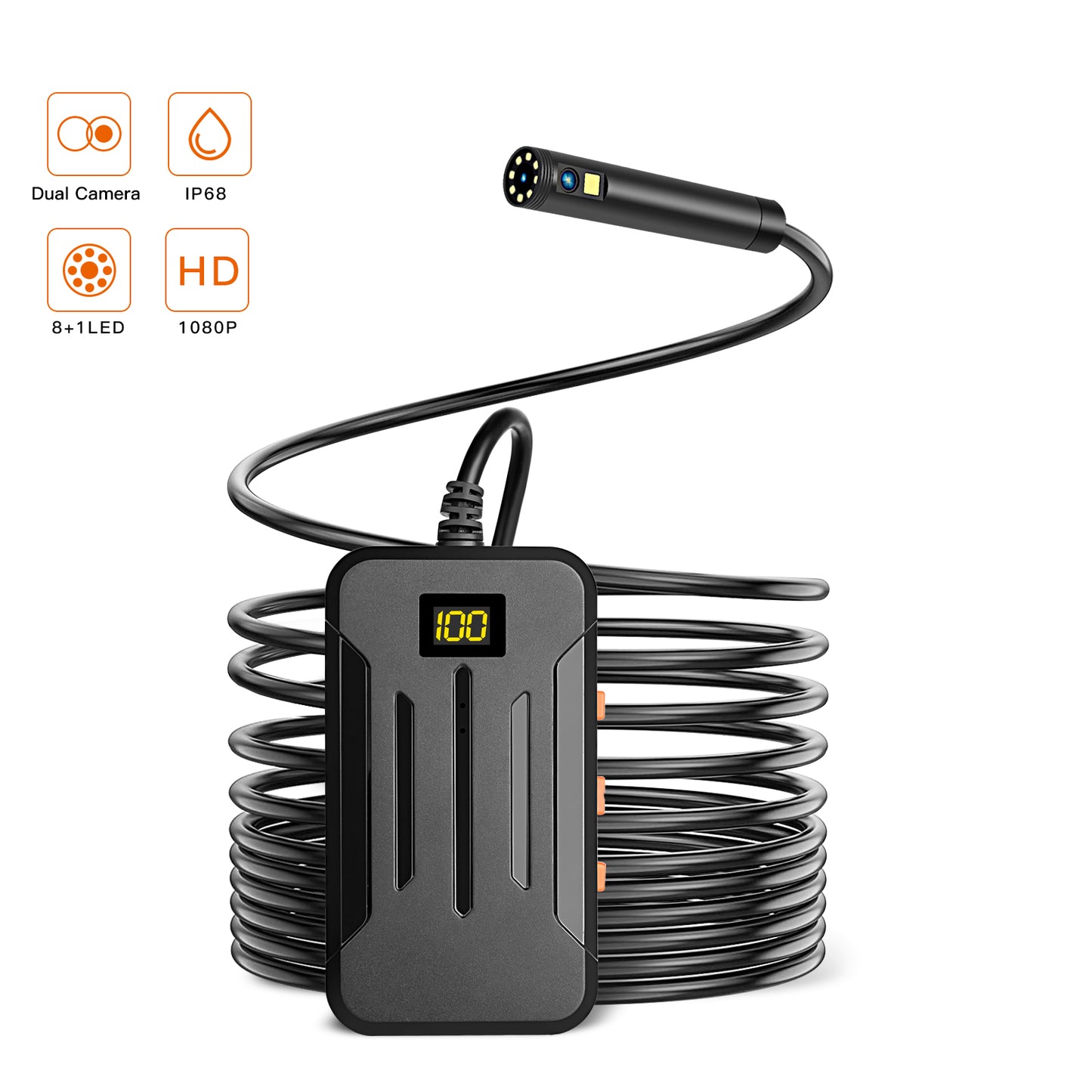 F300 5m Hard Wire 1080P Dual Lens 8mm Probe Industrial Endoscope Camera Dimmable 9-LED WiFi IP68 Waterproof Inspection Tool
