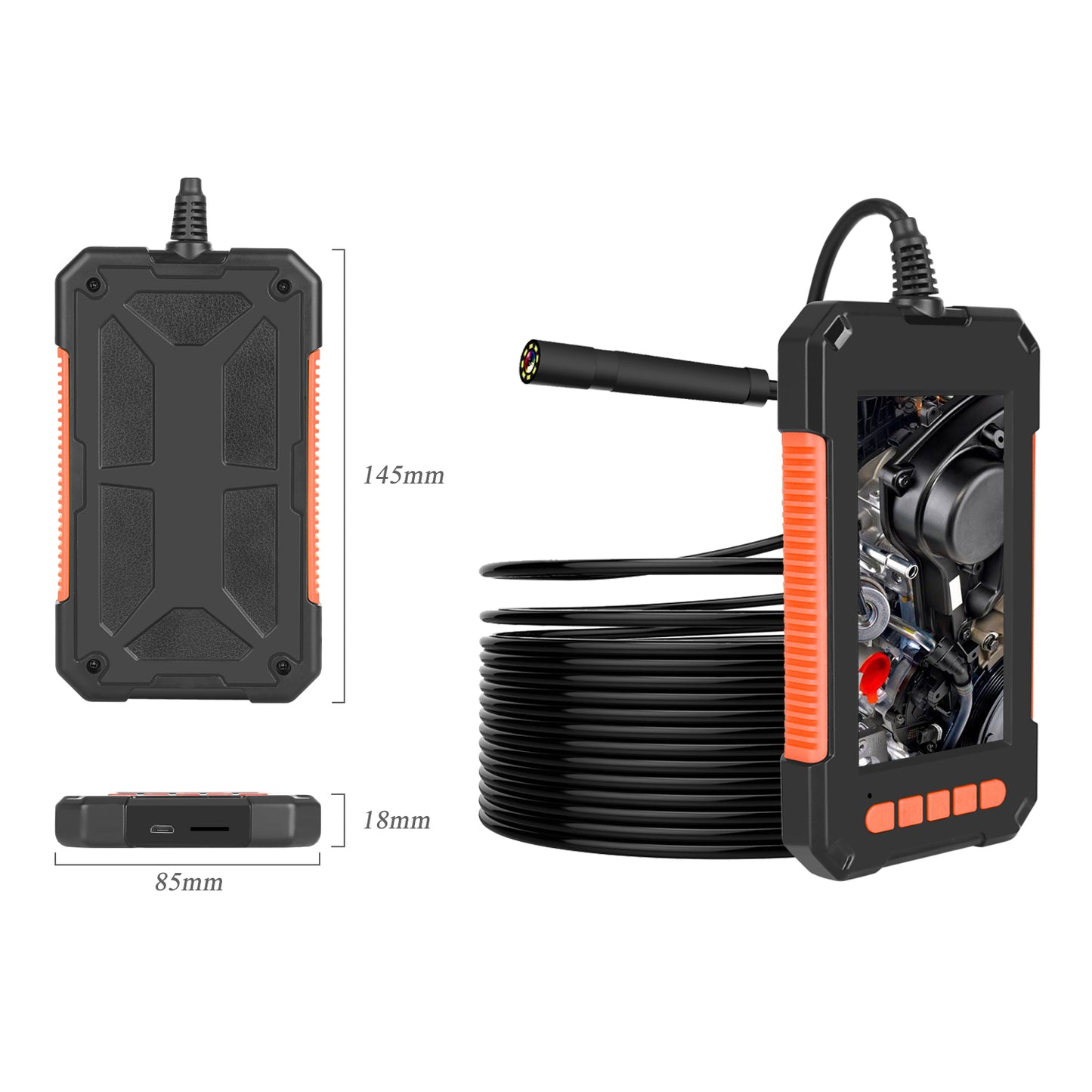 P40 5m Hard Wire 4.3 inch Screen 8mm HD 1080P Hand-held Industrial Endoscope Borescope Rechargeable Waterproof 8-LED Inspection Camera - Orange