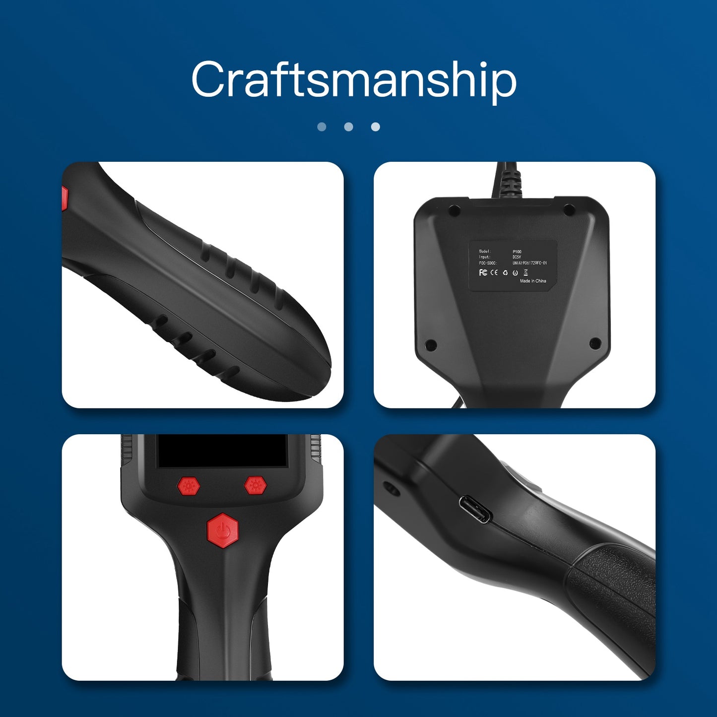 P100 20m Rigid Cable, 6-LED 1080P Handheld Inspection Borescope 5.5mm Lens 2.4 Inch IPS Screen HD Industrial Endoscope Camera