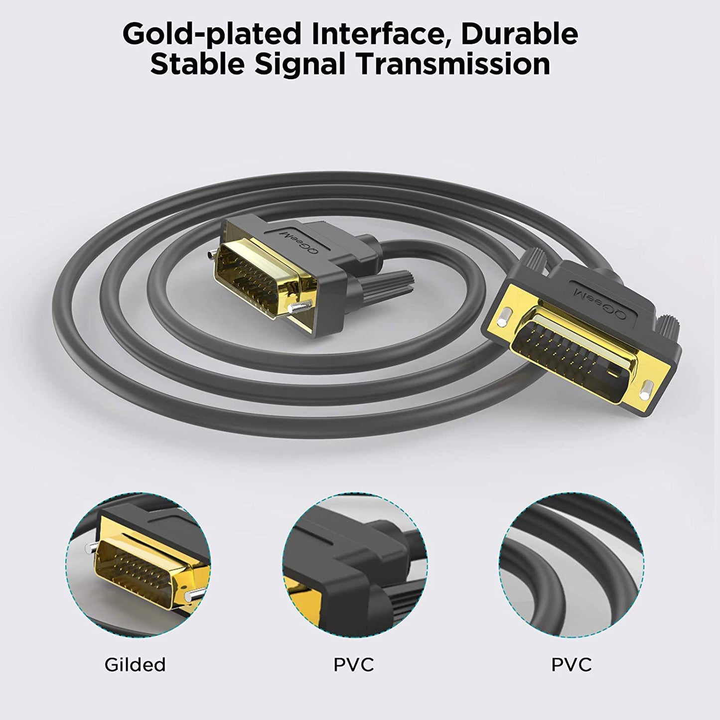 Uniqkart QG-HD15 1m DVI to DVI Cable Male to Male Dual-Link DVI Cable Adapter Support 2560x1600/60Hz Compatible with DVI-D (24+1)