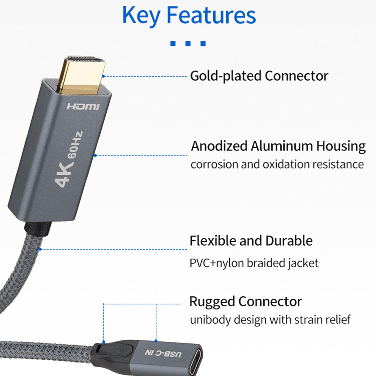 USB 3.1 Type-C Female to HDMI Male Adapter Cable HD 4K/60Hz Converter 0.2m