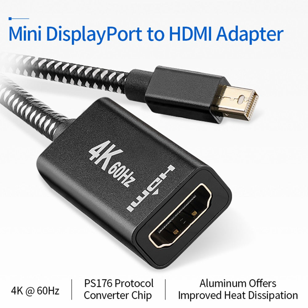4K 60Hz Mini DisplayPort Male to HDMI Female Adapter Cable Braided Gold-plated Connector Cord (0.2m)