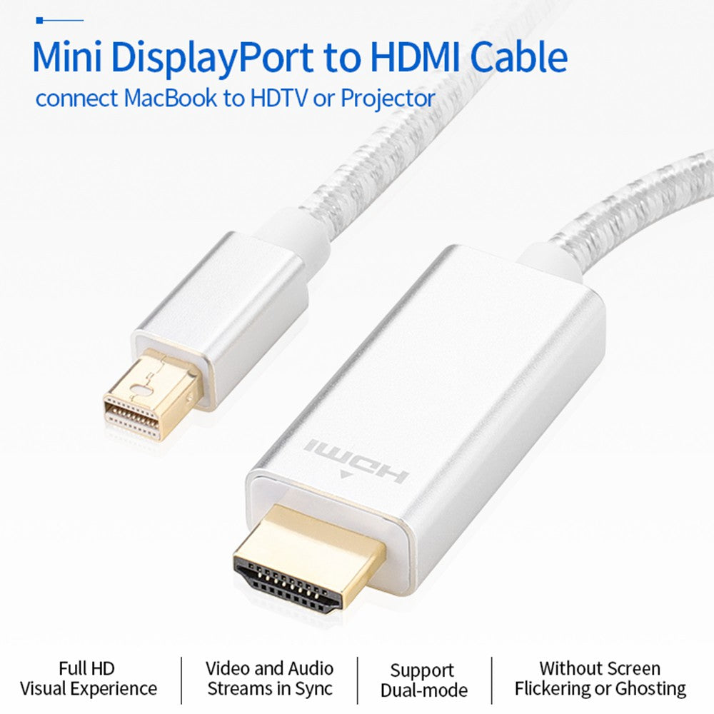Mini DisplayPort to HDMI Data Sync Cable Compatible with Thunderbolt Braided Cord Gold-plated Connector Adapter Cable Support 1080P@60HZ (2m) - Silver