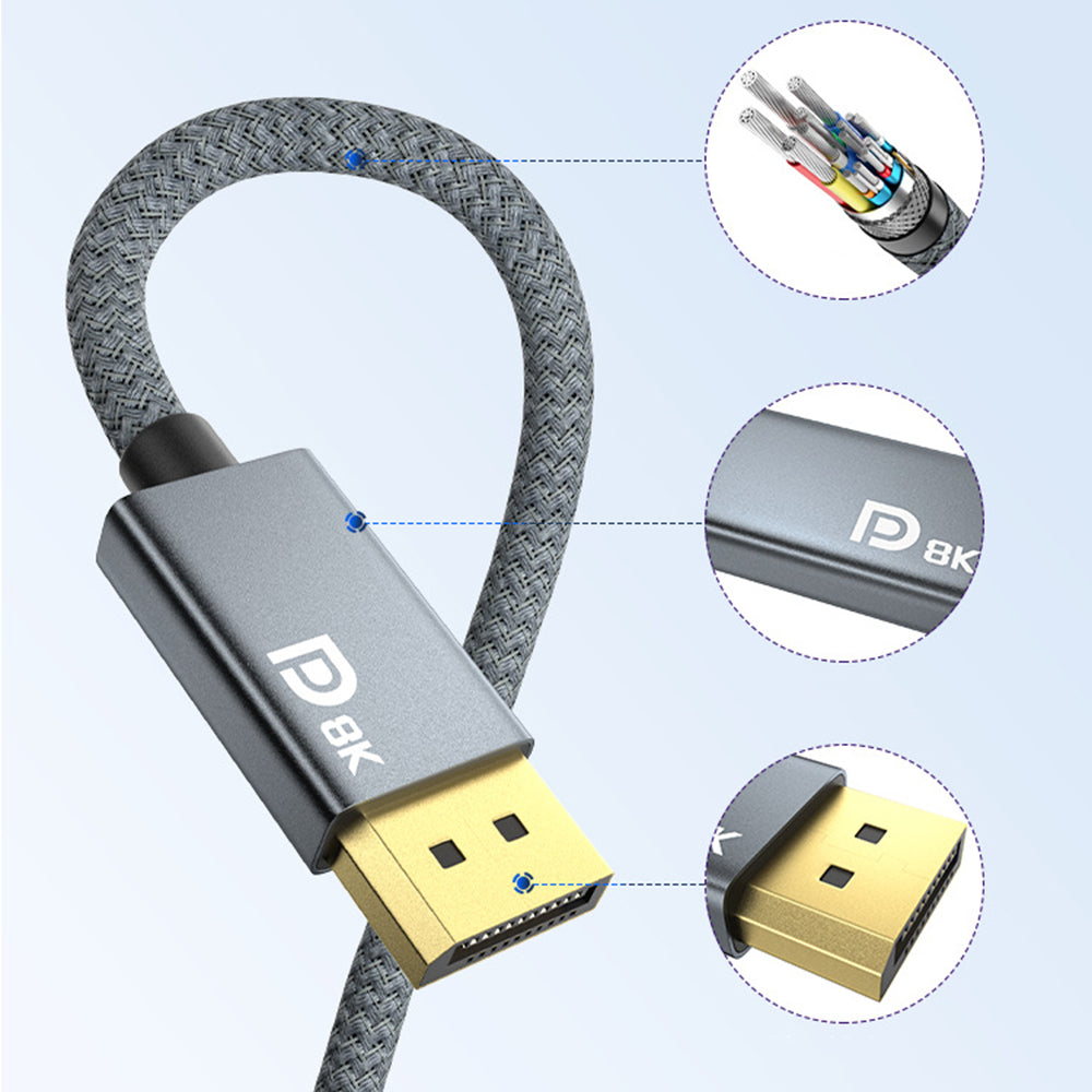 Mini DP to DP Braided Cable Thunderbolt 2 Port Mini DP 8K HD Converter Cable Data Sync Cord (2m)