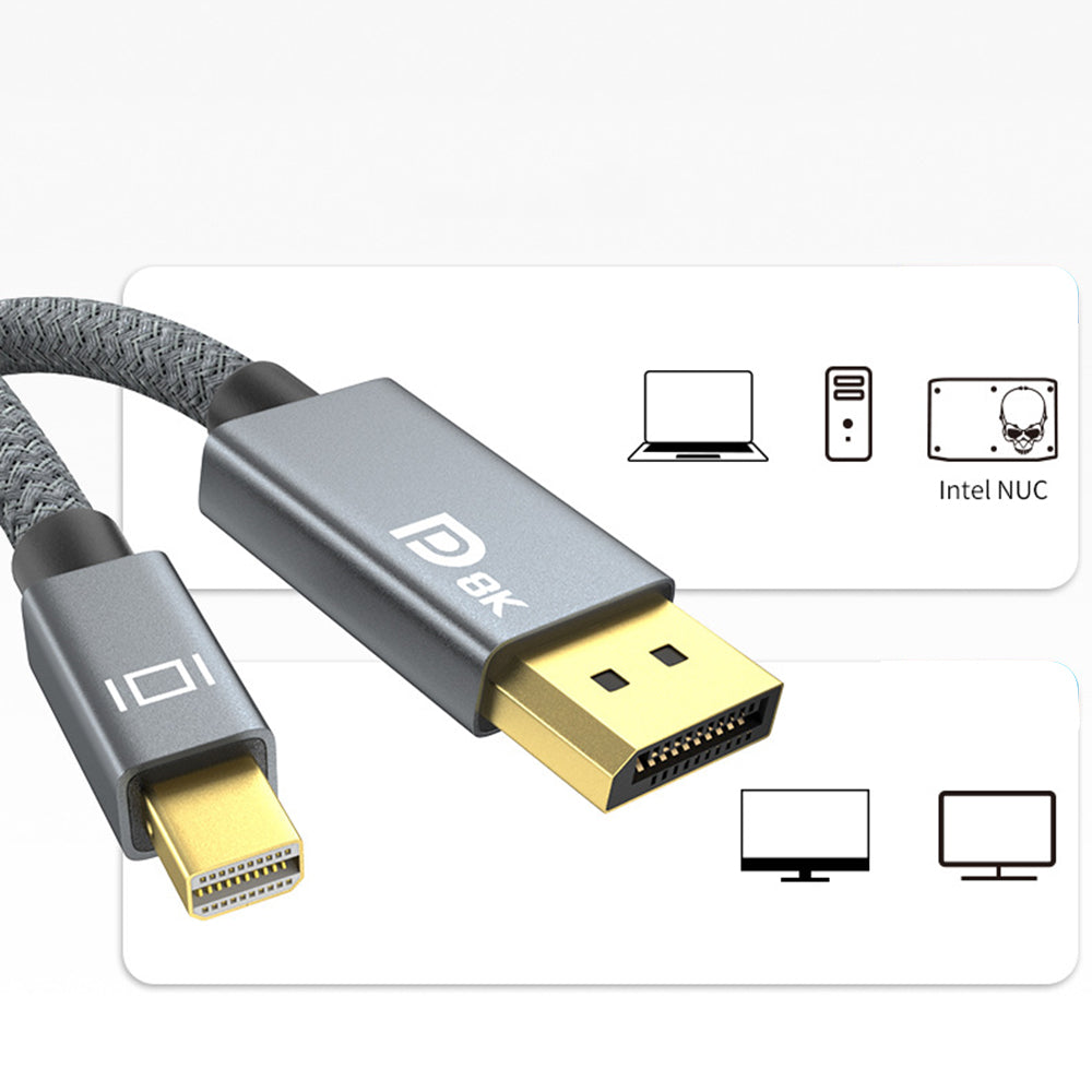 Mini DP to DP Braided Cable Thunderbolt 2 Port Mini DP 8K HD Converter Cable Data Sync Cord (2m)