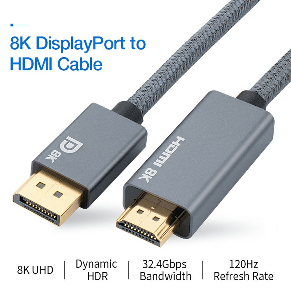 DisplayPort 1.4 to HDMI 2.1 Braided Cable Unidirectional DP to HDMI 8K 30Hz Adapter Cable Data Sync Transfer Cord (2m)