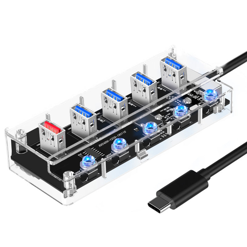 1718C Clear Design 5-in-1 USB C Hub to 4*USB 3.0 Ports and 1*2.1A Fast Charging Port Adapter Fast Charging USB C Hub for Laptops Computers Phones