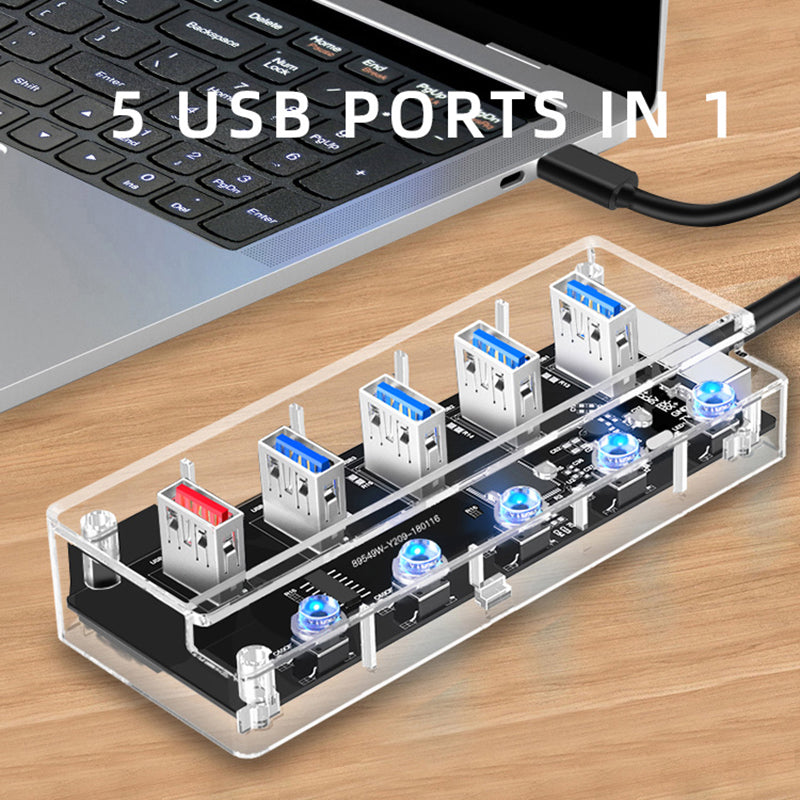 1718C Clear Design 5-in-1 USB C Hub to 4*USB 3.0 Ports and 1*2.1A Fast Charging Port Adapter Fast Charging USB C Hub for Laptops Computers Phones