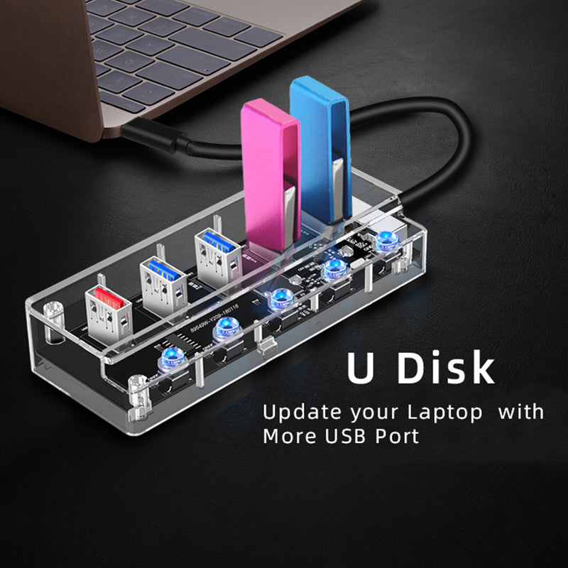1718C Clear Design 5-in-1 USB C Hub to 4*USB 3.0 Ports and 1*2.1A Fast Charging Port Adapter Fast Charging USB C Hub for Laptops Computers Phones