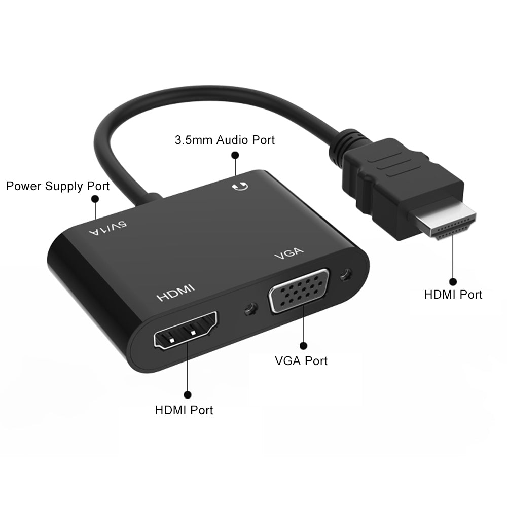2 in 1 HDTV Adapter HDMI to HDMI+VGA Adapter Cable Portable HDMI Converter with 3.5mm Audio Port