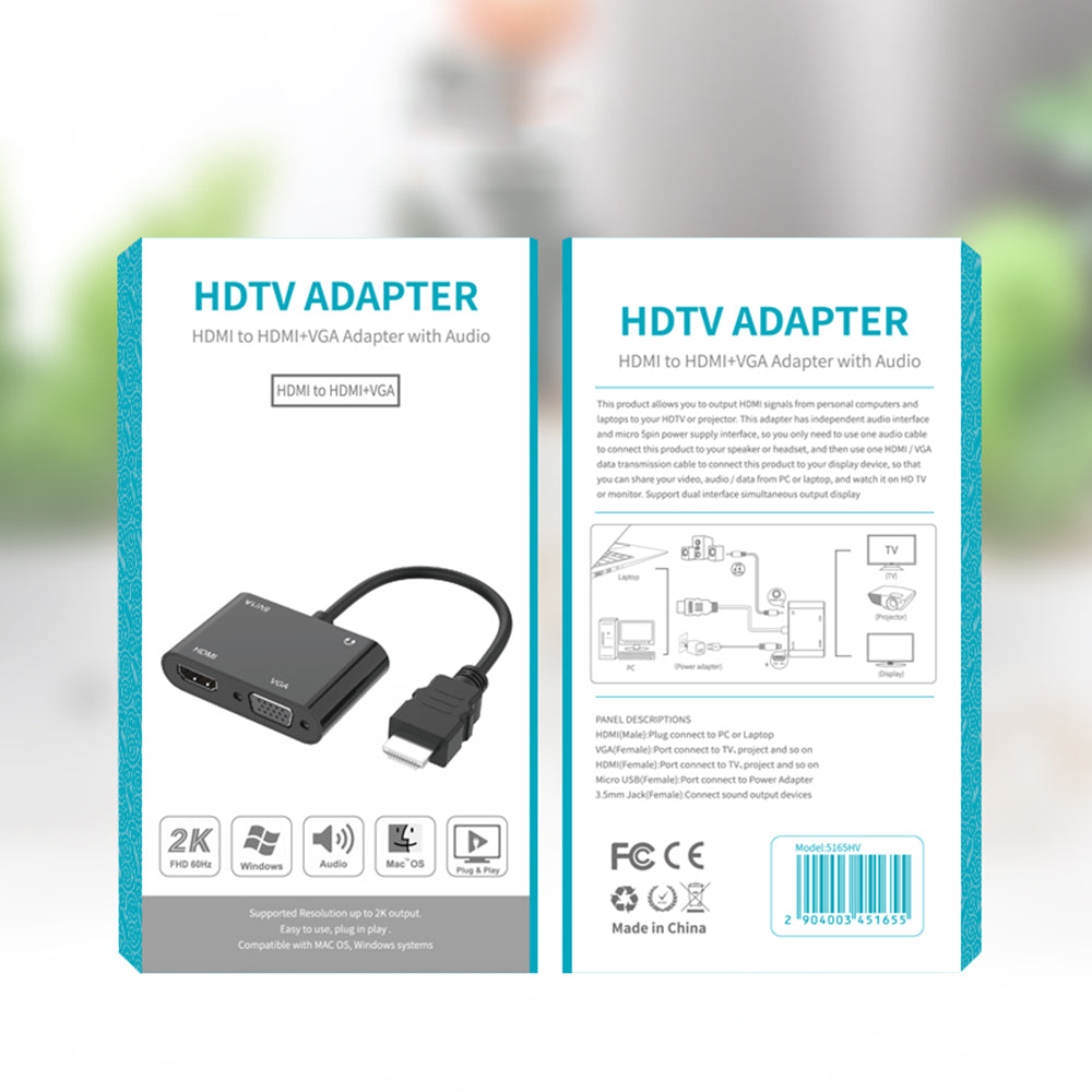 2 in 1 HDTV Adapter HDMI to HDMI+VGA Adapter Cable Portable HDMI Converter with 3.5mm Audio Port