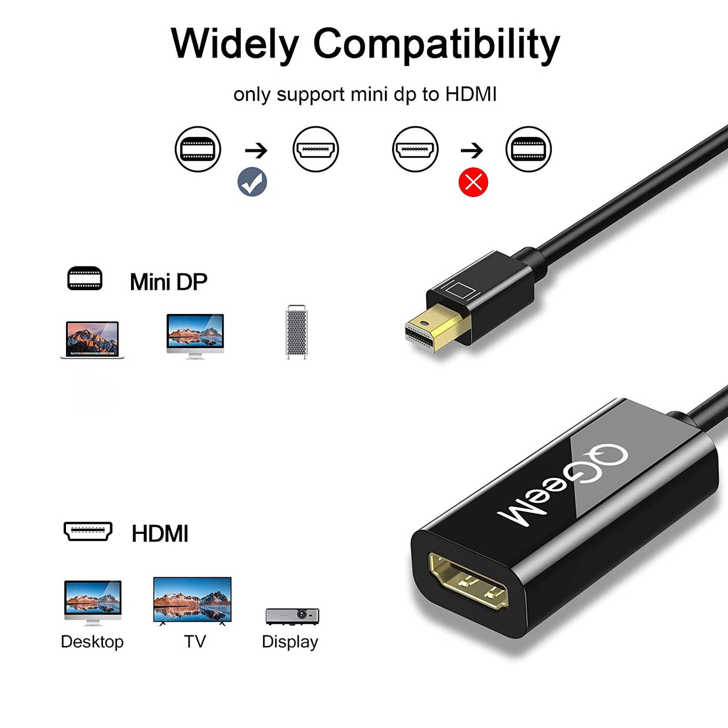 Uniqkart QG-HD10 Mini DP to HDMI Adapter Cable Gold-plated Portable DisplayPort Converter Support 1080P/60Hz Compatible with MacBook Pro
