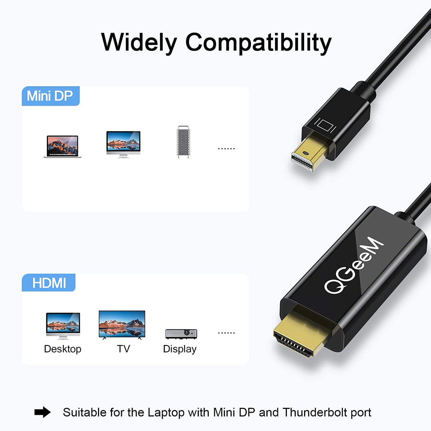 Uniqkart QG-HD23 Mini DP Male to HDMI Male Adapter Mini DisplayPort to HDMI Converter Cable for Computer TV Projector