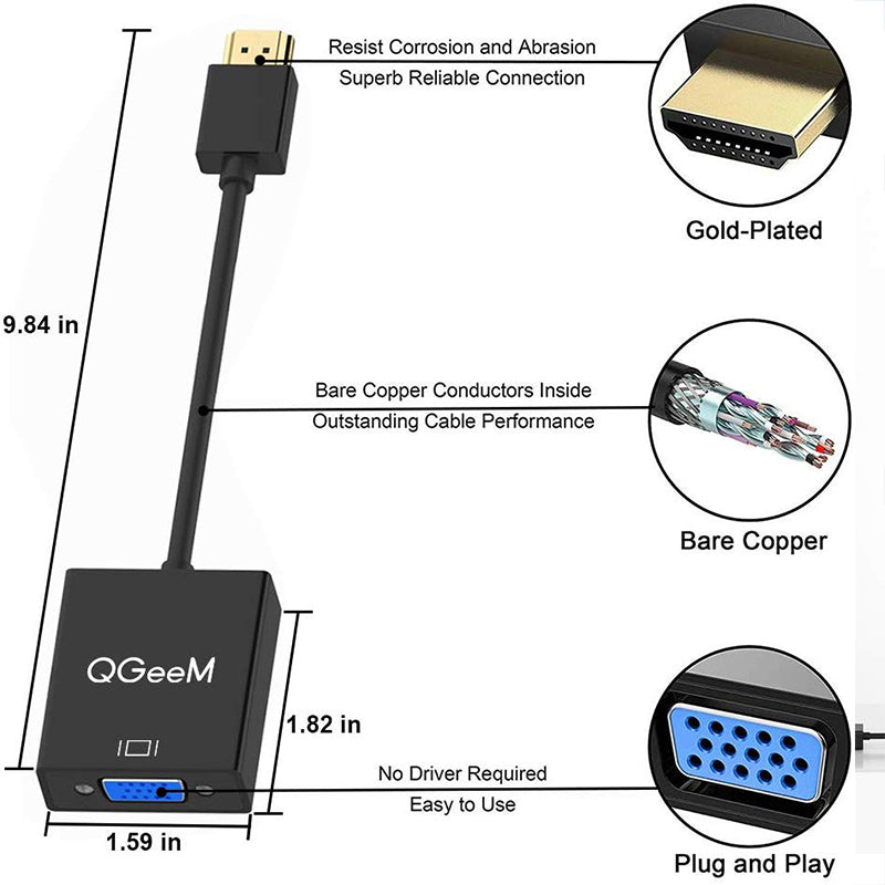 QGEEM QG-HD04 HDMI Male to VGA Female 1080P HD Adapter for TV Monitor Projector