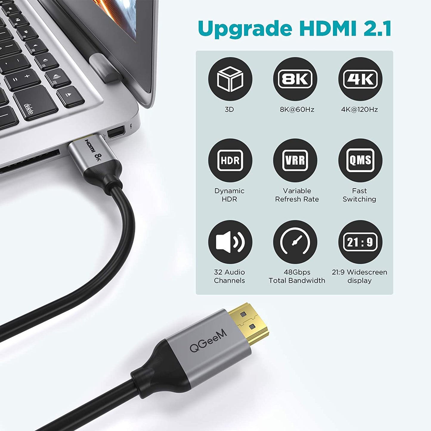 Uniqkart QG-AV17-5 4.5m Adapter Cord 8K 60Hz Mini Resolution HD Video Cable 48Gpbs High Speed 4K 120Hz Resolution HD Video 2.1 Cable