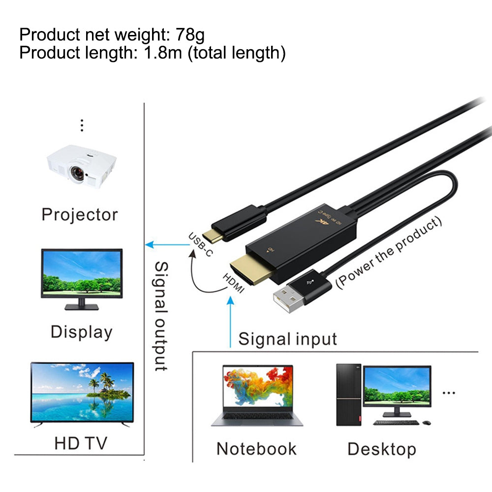 H149 1.8m 4K 60HZ HDMI + USB 2.0 to Type-C Converter Male to Male Adapter Cable