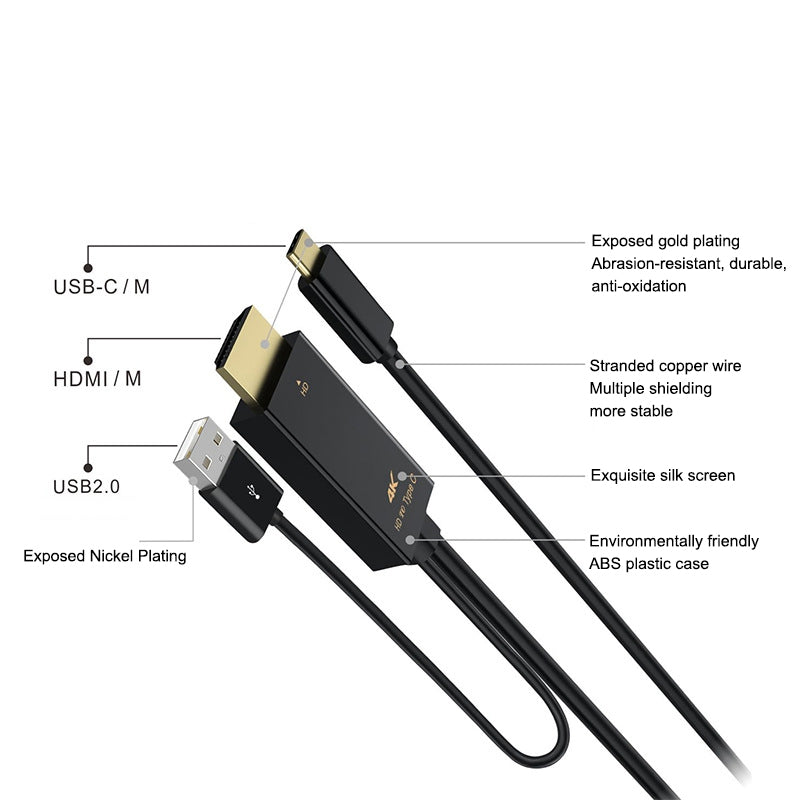 H149 1.8m 4K 60HZ HDMI + USB 2.0 to Type-C Converter Male to Male Adapter Cable