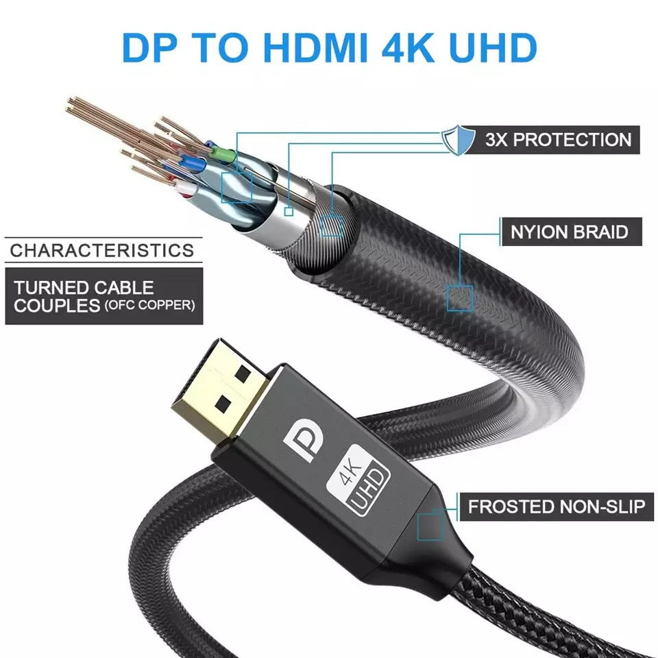 3m DisplayPort DP 1.2 to HDMI Cable Plug and Play Converter Cord for TV / Monitor / Projector, Black