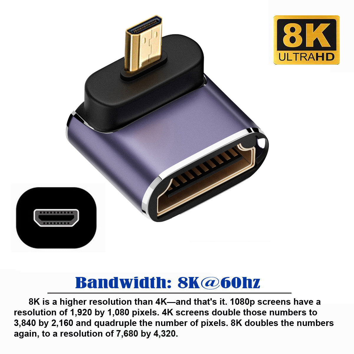 HD-023-D8K05 Micro HDMI Male to HDMI 2.1 Female Adapter Compatible with Laptop Computer, 8K UHD Video HDTV Extension Converter with Angled Design