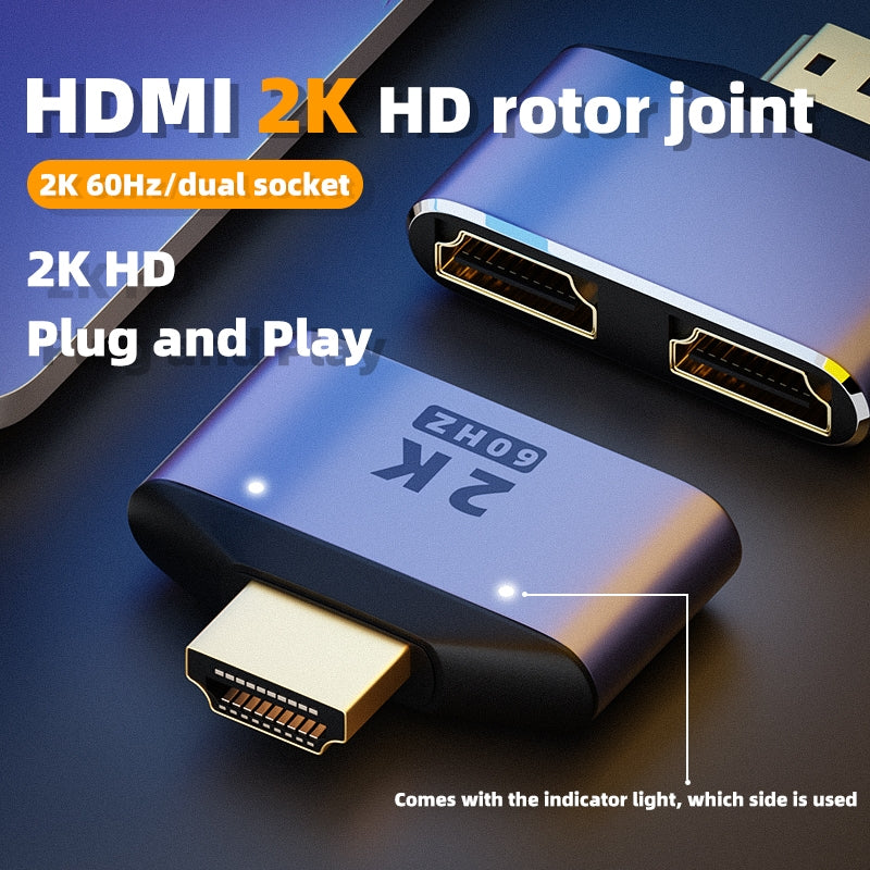 2-In-1 UHD 2K HDMI Splitter Converter 1 In 2 Out 60Hz Video Output Display Mirror HDMI Adapter with Indicator Light for Dual Monitors