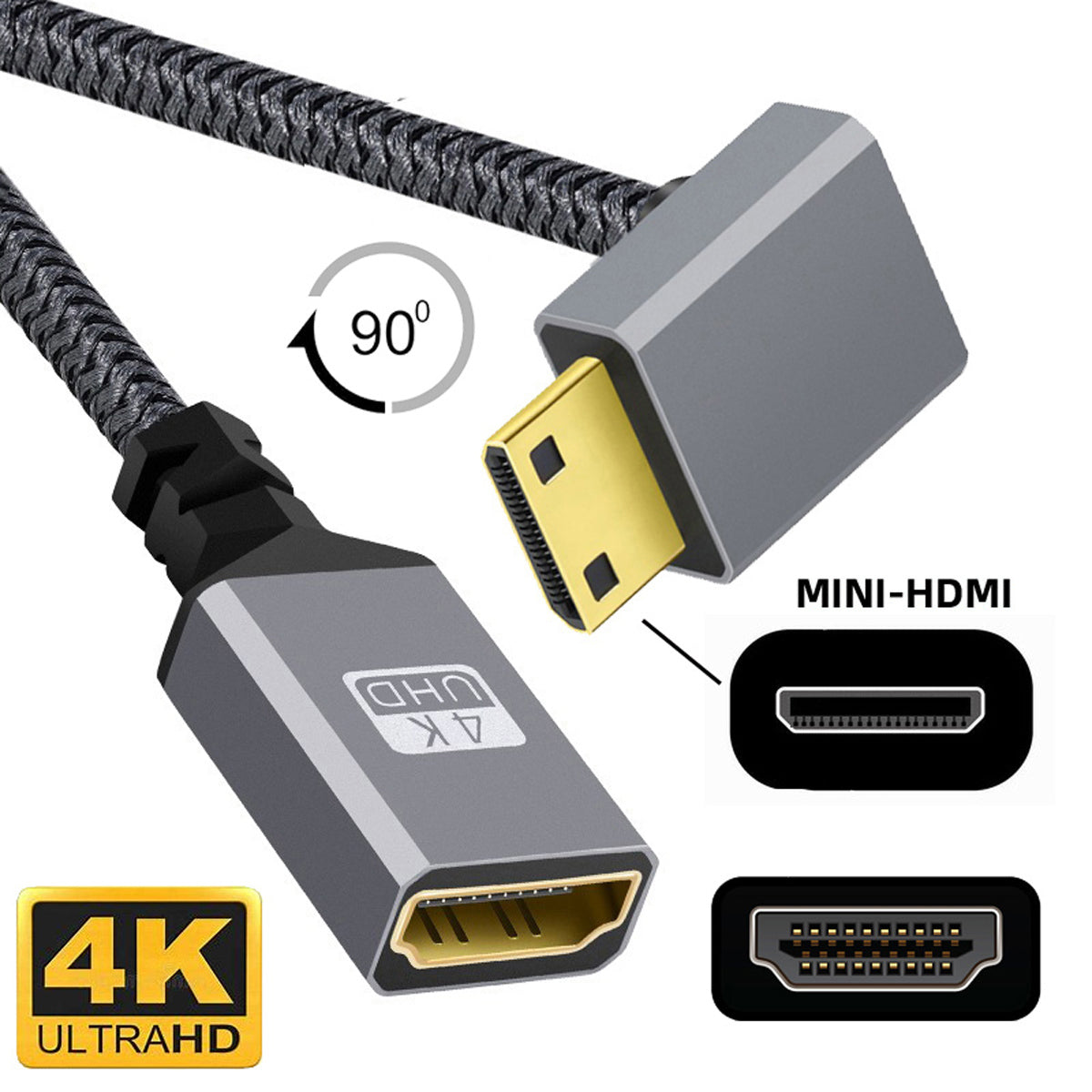 HD-004-DN 4K Mini HDMI 1.4 Male 90 Degree Angled to HDMI Female Ultra HD Video Extension Cable