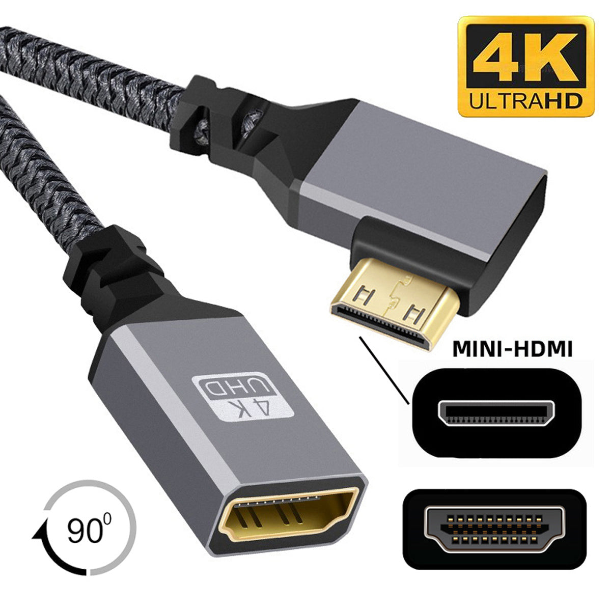 HD-004-LE Mini HDMI 1.4 Male 90 Degree Angled to HDMI Female Adapter 4K Ultra HD Video Cable