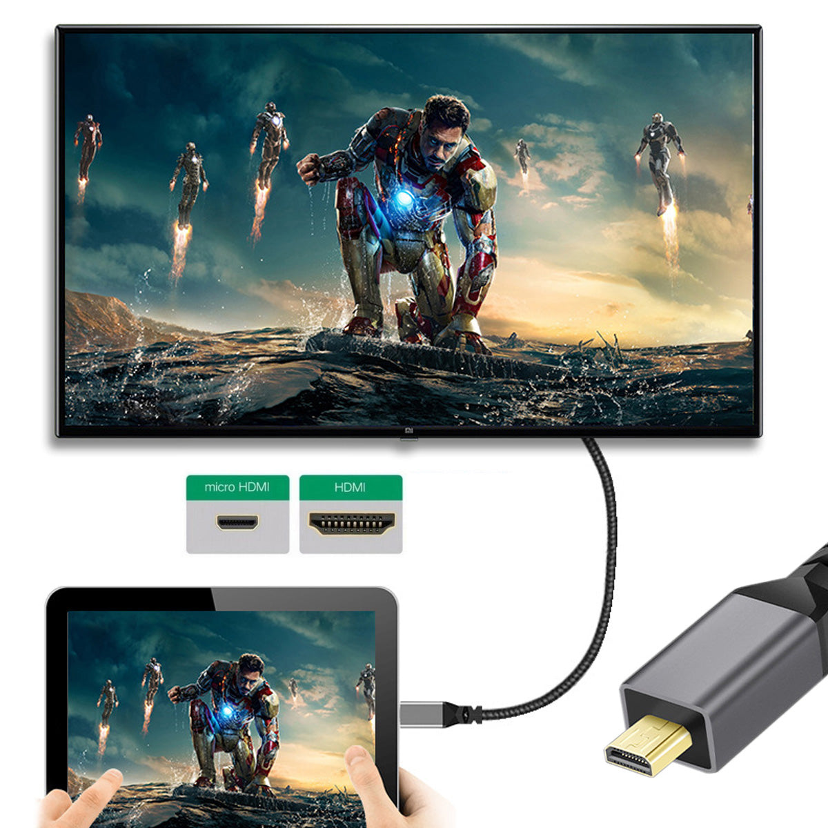 HD-012-LE 4K Ultra HD Micro HDMI 1.4 Male 90 Degree Angled to HDMI Female Extension Cable Metal Connector Braided Cord