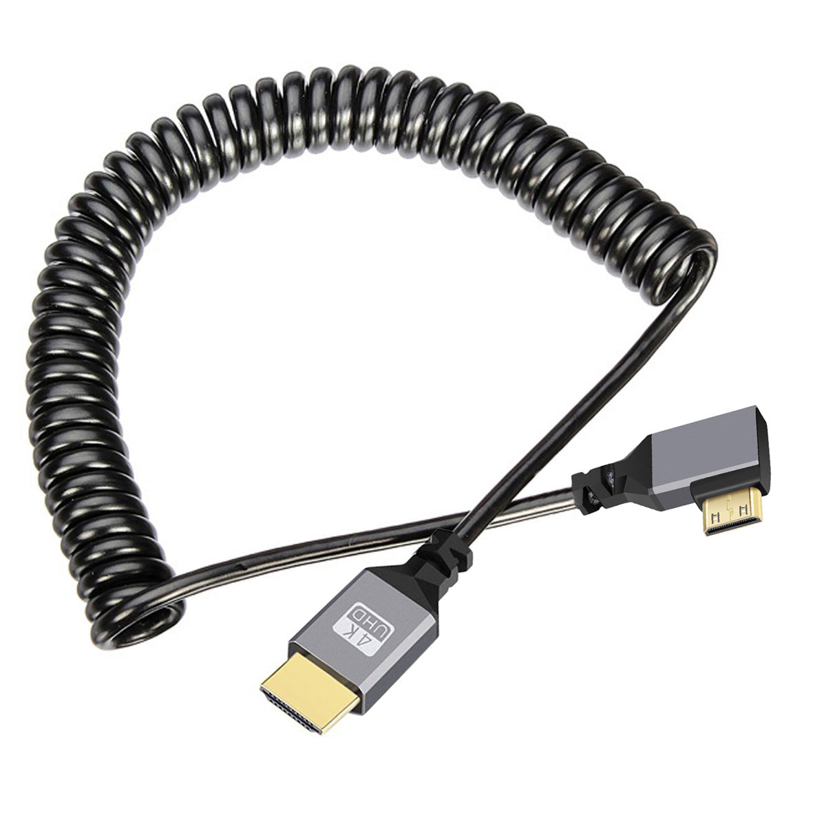 HD-036-LE Mini HDMI 1.4 Male to HDMI Male 4K 60Hz Stretch Coiled Cable Left Angled 90 Degree for HDTV Laptop PC Monitor
