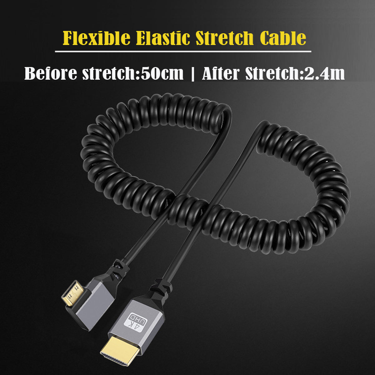 HD-036-LE Mini HDMI 1.4 Male to HDMI Male 4K 60Hz Stretch Coiled Cable Left Angled 90 Degree for HDTV Laptop PC Monitor