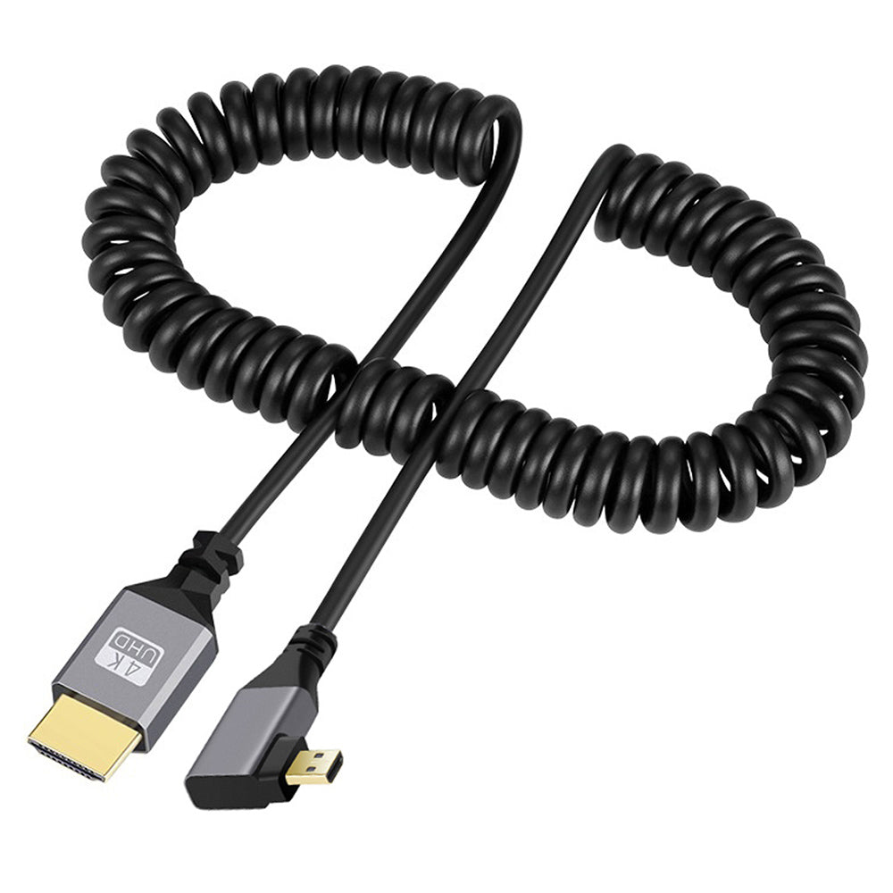 HD-037-LE Micro HDMI 1.4 Male to HDMI Male 4K 60Hz Stretch Coiled Cable 90 Degree Left Angled Cord for HDTV Laptop Monitor