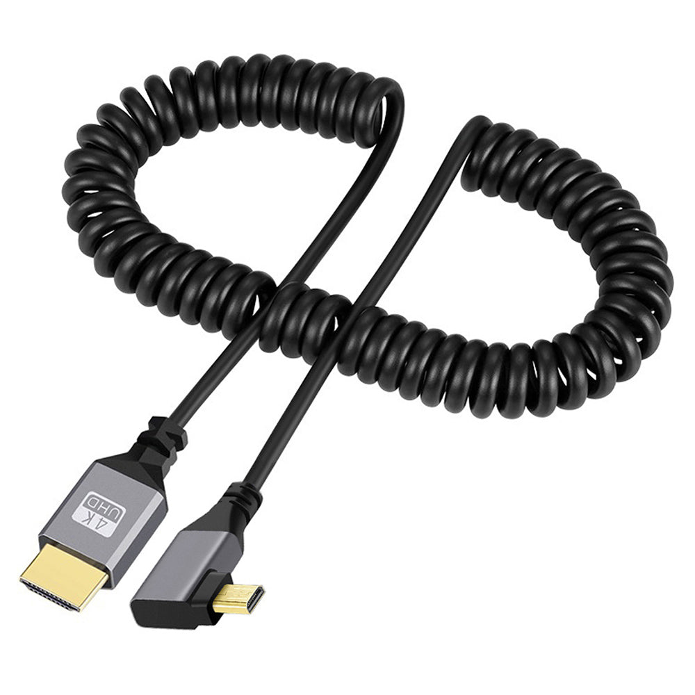 HD-037-RI Micro HDMI 1.4 Male to HDMI Male Ultra HD 4K 60Hz Stretch Coiled Cable Right Angled 90 Degree Cord