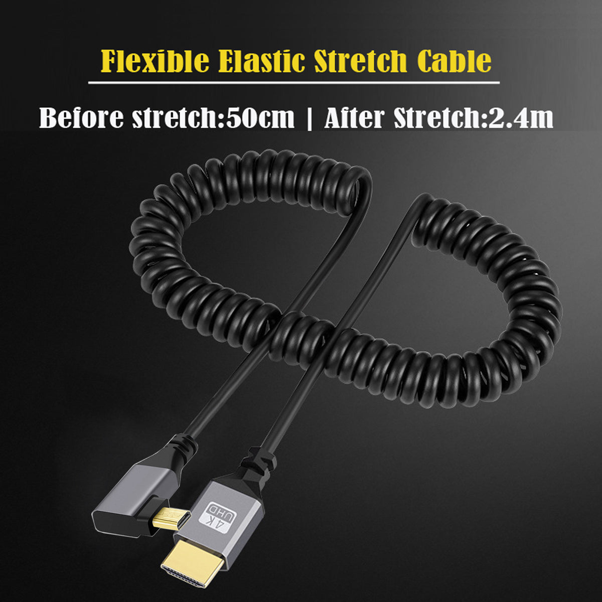 HD-037-RI Micro HDMI 1.4 Male to HDMI Male Ultra HD 4K 60Hz Stretch Coiled Cable Right Angled 90 Degree Cord