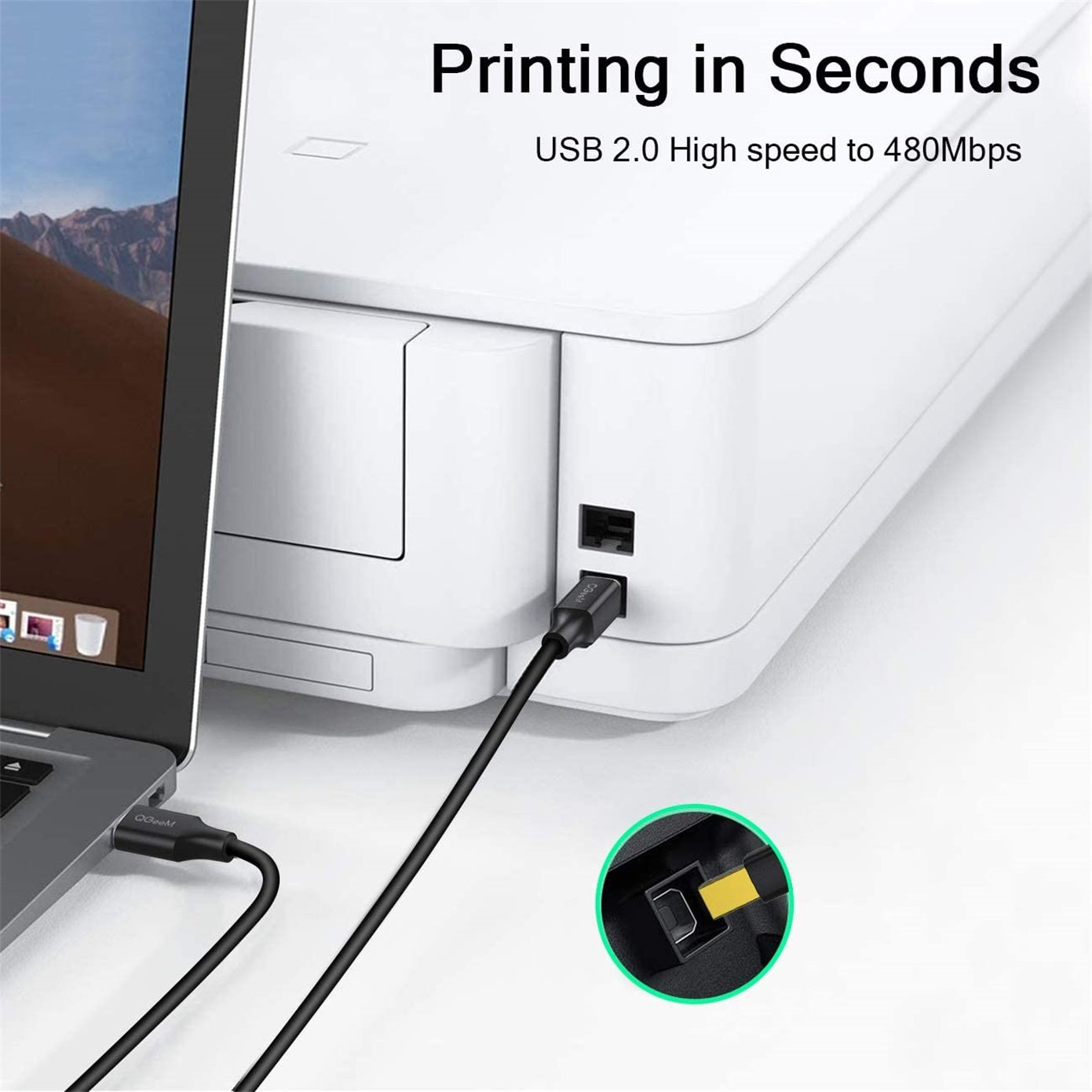 Uniqkart QG-CVQ20 1.8m USB 2.0 A Male to B Male Printer Scanner Cable High-Speed Printer Cord for Laptop Desktop Computer