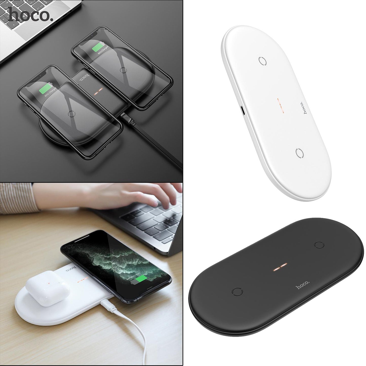 2 in 1 Qi Wireless Charger Pad Fast Dual Charge for Smart Phones Black