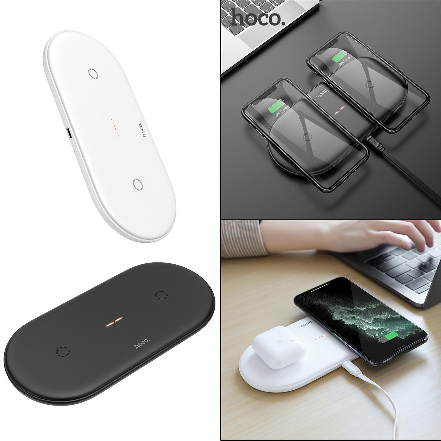 2 in 1 Qi Wireless Charger Pad Fast Dual Charge for Smart Phones Black