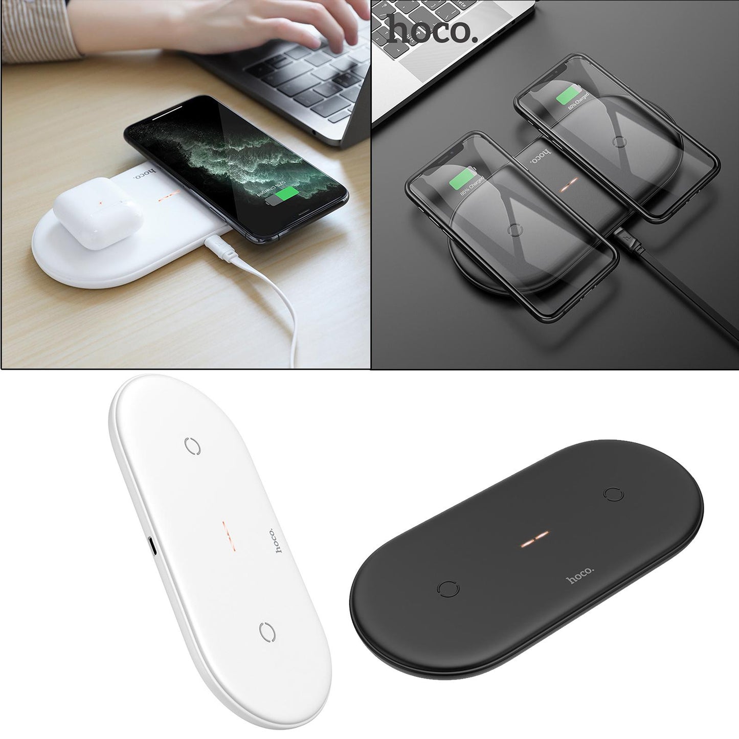 2 in 1 Qi Wireless Charger Pad Fast Dual Charge for Smart Phones Black