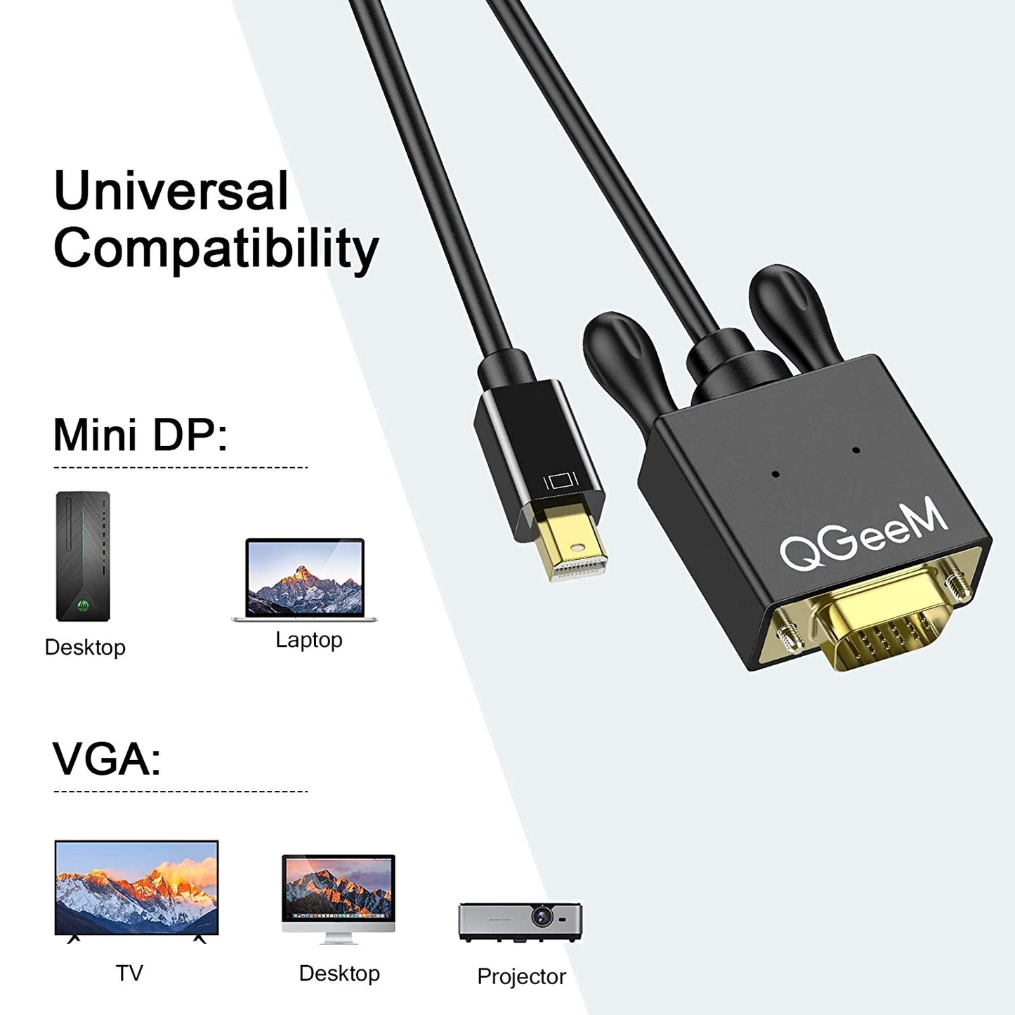 Uniqkart QG-HD29 Mini DisplayPort to VGA Adapter Mini DP Male to VGA Male Converter Compatible with Computer HDTVs Monitors Projectors 1.8m