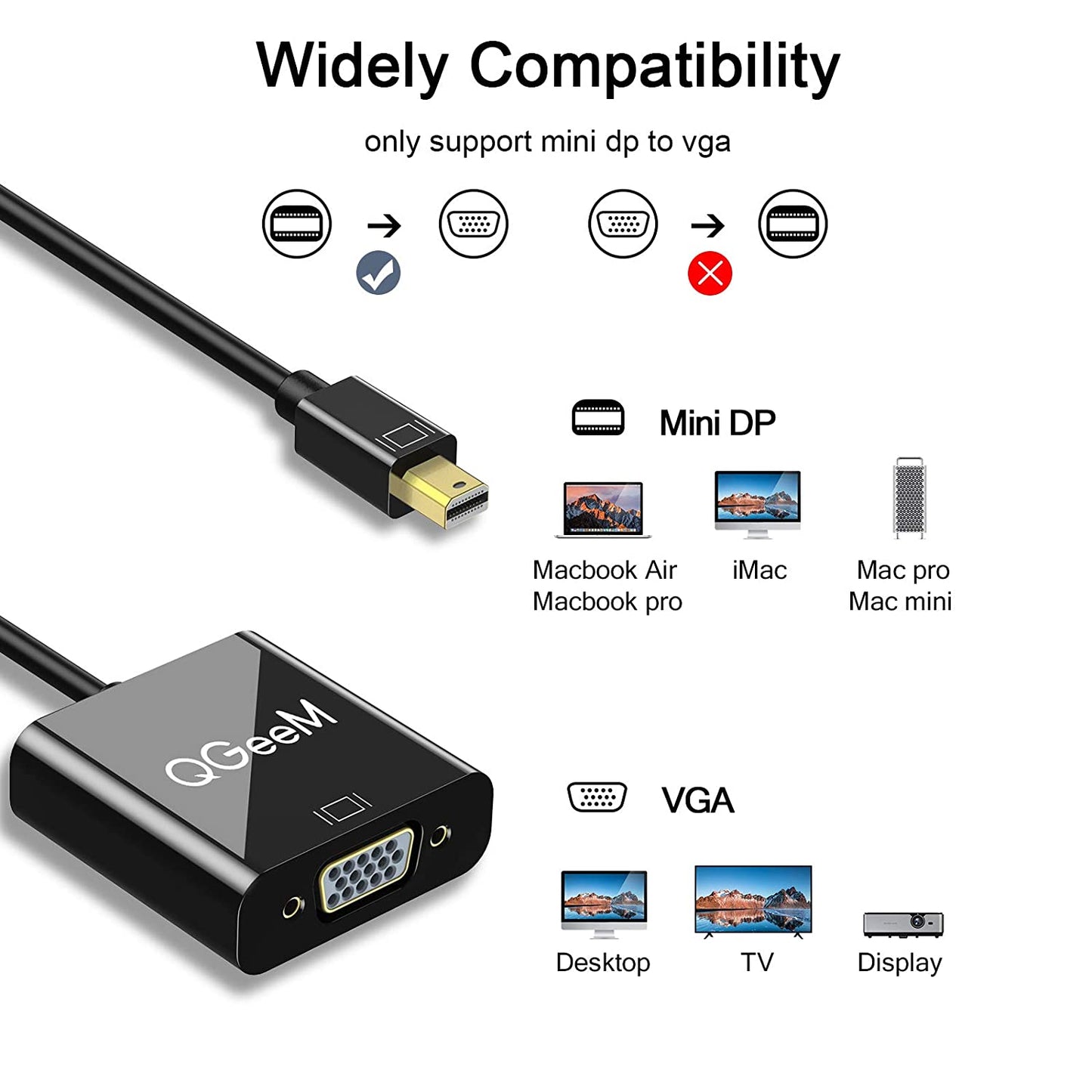 QG-HD17 Mini DP to VGA Adapter Mini Displayport Male to VGA Female Gold-plated Converter Compatible with MacBook Air/Pro/Surface Pro/Monitors