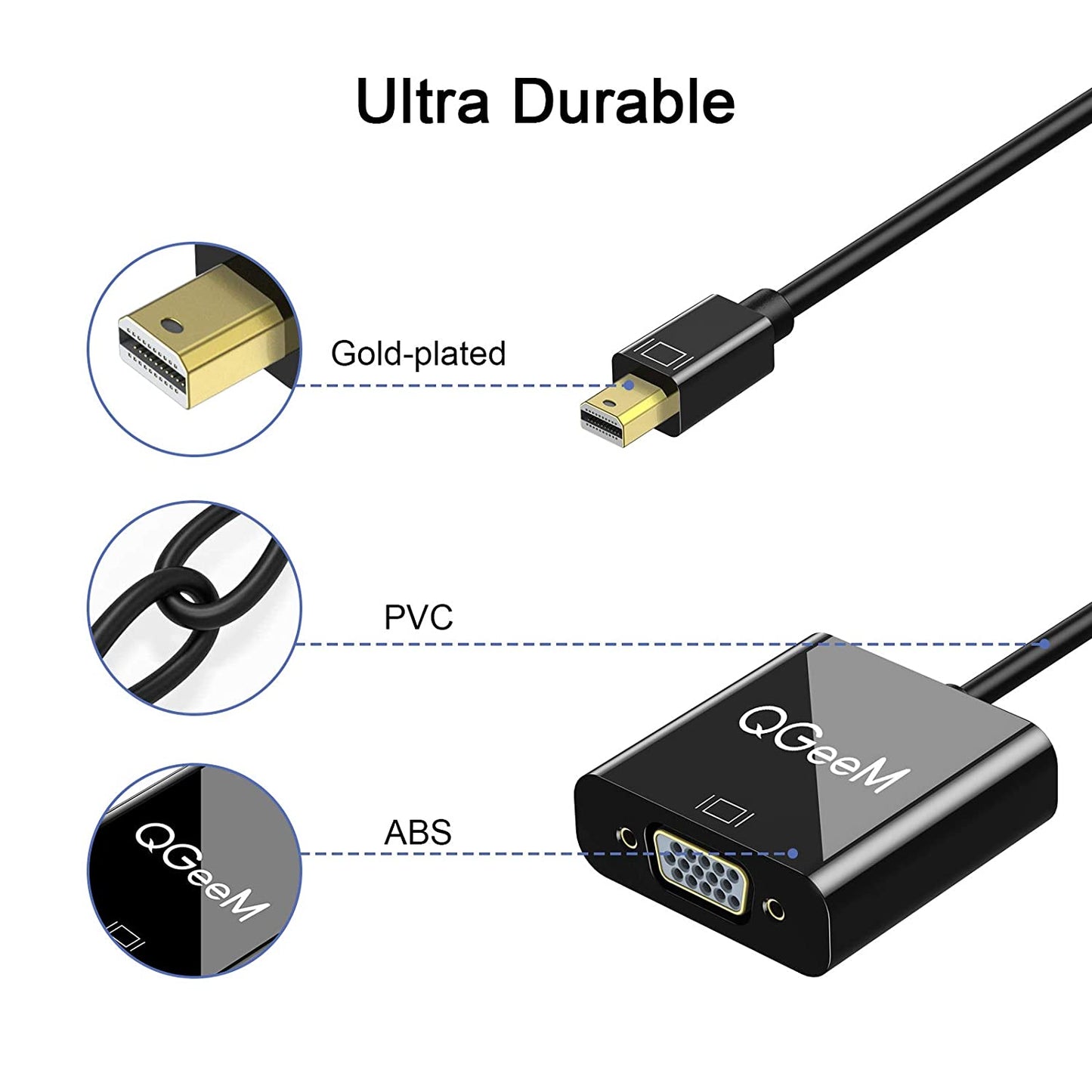 QG-HD17 Mini DP to VGA Adapter Mini Displayport Male to VGA Female Gold-plated Converter Compatible with MacBook Air/Pro/Surface Pro/Monitors