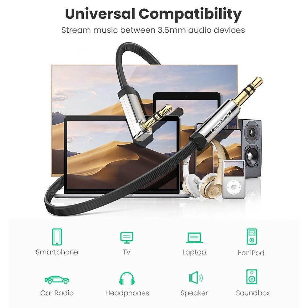 Uniqkart 2m 10599 Right Angle 3.5mm to 3.5mm Audio Jack Male to Male Flat Cable AUX Cord for iPod Speaker Smartphone