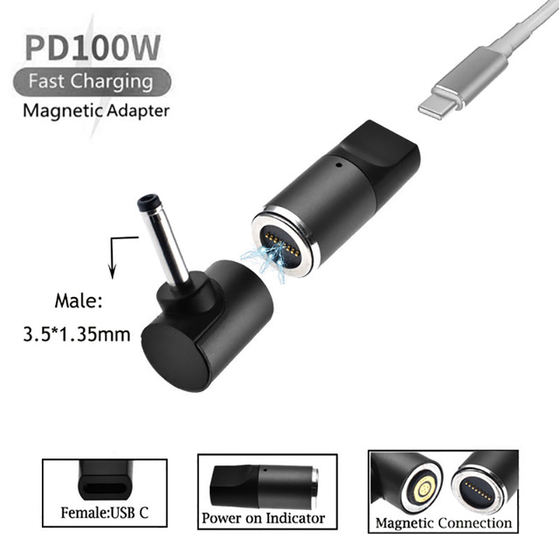 Uniqkart for ASUS/Fujitsu Laptop 100W Magnetic Adapter Type-C Female to 3.5mmx1.35mm Male Notebook Fast Charging Converter