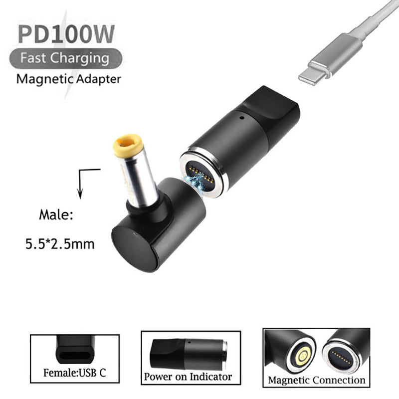 100W Magnetic Charging Adapter for Lenovo/Asus/Toshiba Notebook Type-C Female to 5.5mmx2.5mm Male Plug PD Fast Charging Converter