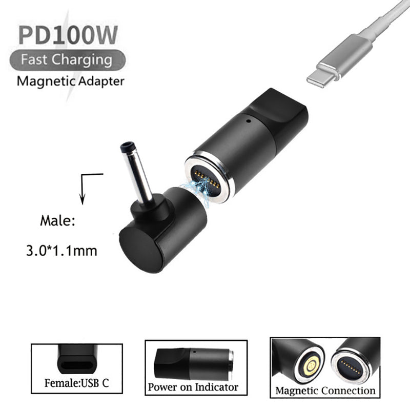 Uniqkart for ASUS/Acer/LG/Samsung Laptop 100W Magnetic Adapter Type-C Female to 3.0mmx1.1mm Male Plug Fast Charging Converter